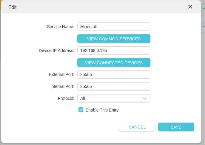 An image of the port forwarding settings on my router (Same as described in step 7